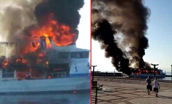 Altınoluk'ta dehşet anları! Alev alev yandı teknede uyuyan personel ölümden döndü..